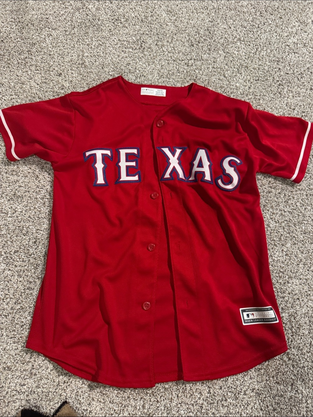 Majestic Red Texas Kids Baseball Jersey with White & Blue Lettering